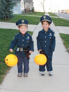 This Fall Michael and Alex got to watch has Dad was issued a speeding ticket.  Dad used this as a teachable moment about what happens when you do something wrong.  The consequence has been an even constant reminder from them about not speeding. The benefit was two very cute police officers for halloween.